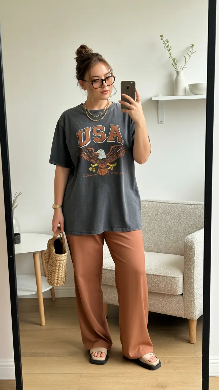 fresh plus size spring outfits 2026 Graphic Tee & Soft Pants for Relaxed Spring Attitude