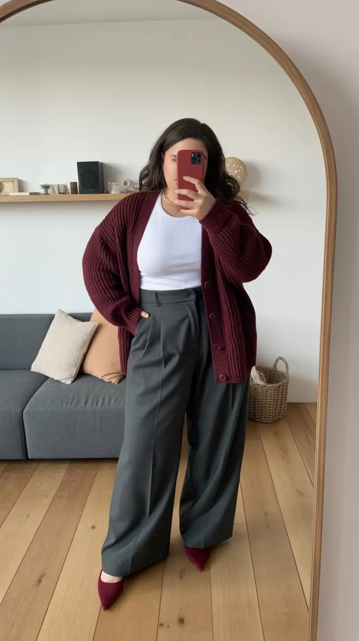 fresh plus size spring outfits 2026 Burgundy Layers & Tailored Grey Trousers for Cozy Elegance