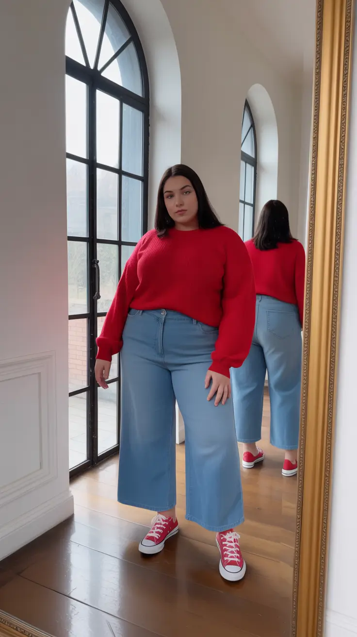 fresh plus size spring outfits 2026 Bright Red Knit & Light Denim for Playful Spring Energy