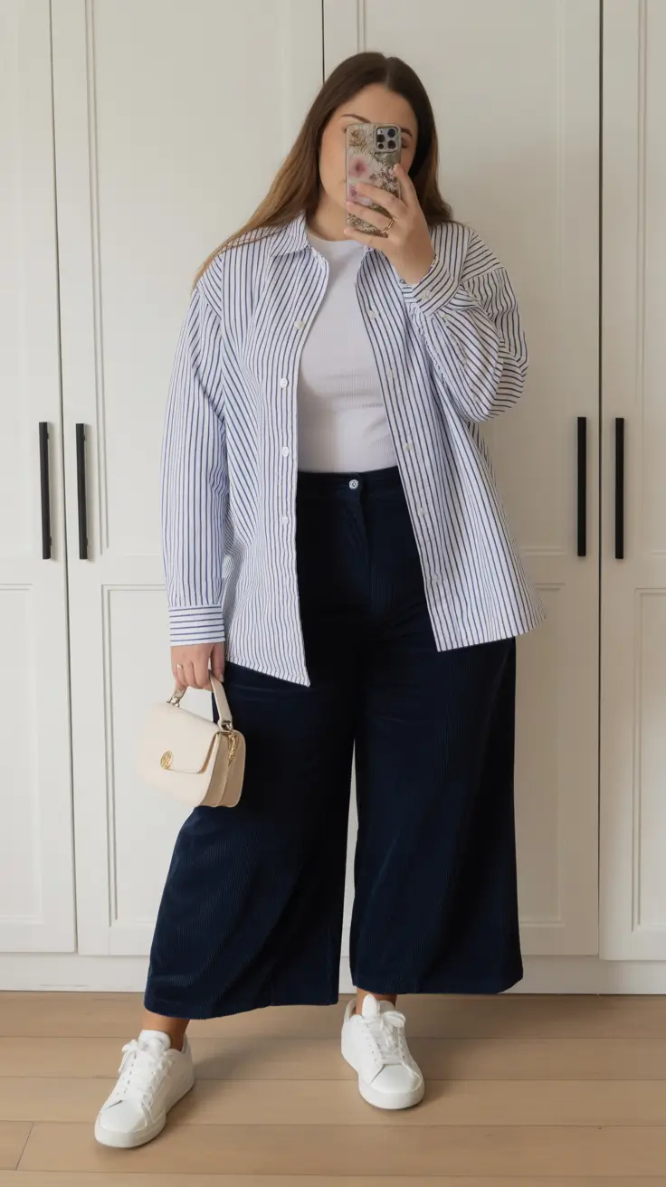 fresh plus size spring outfits 2026 Striped Shirt & Navy Pants for Clean Spring Minimalism