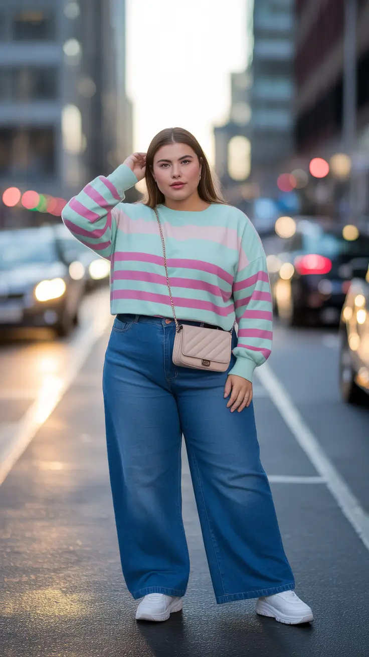 fresh plus size spring outfits 2026 Pastel Stripes & Denim for a Colorful City Spring