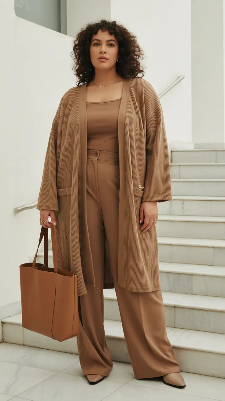 fresh plus size spring outfits 2026 Warm Caramel Tones in a Relaxed Modern Set