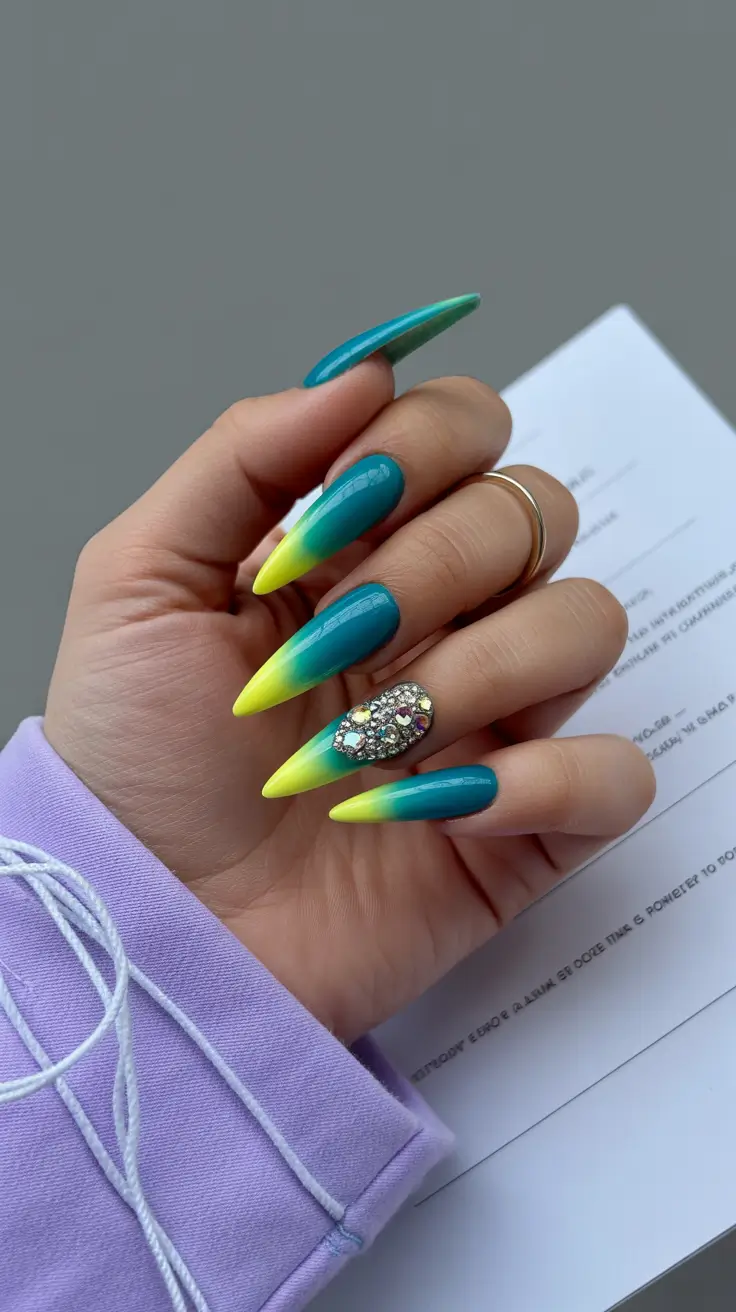 Fresh Spring Nails Acrylic 2026 Bold Ombre with a Gemstone Accent
