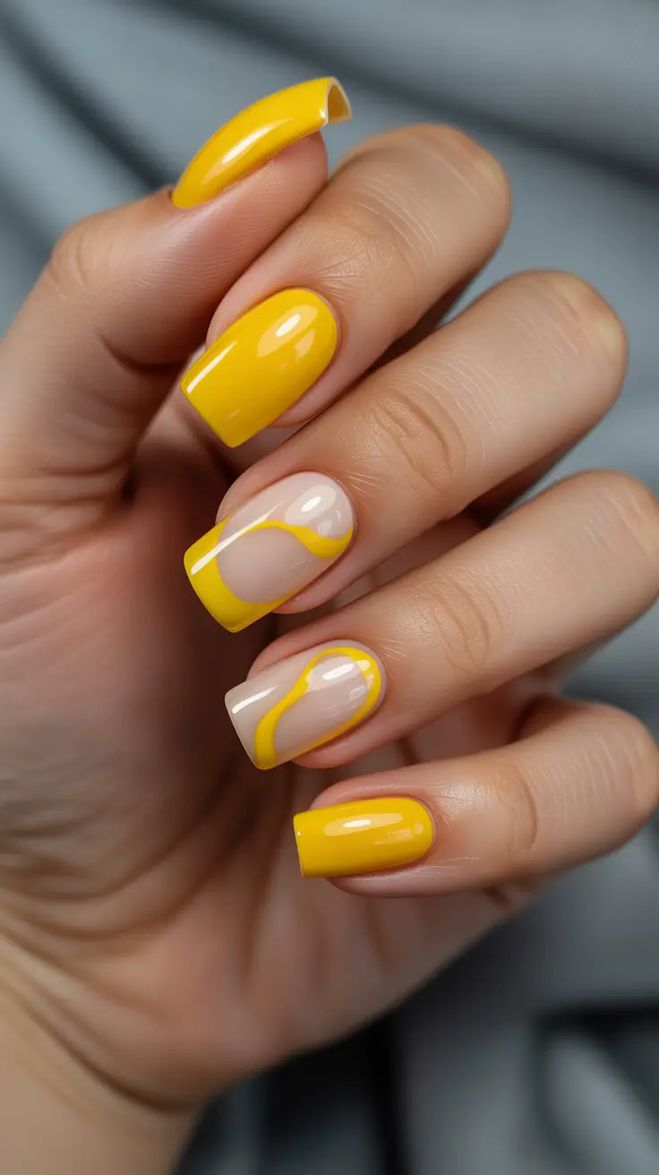 Spring Nails Acrylic 2026 Bold Yellow and Nude Abstracts