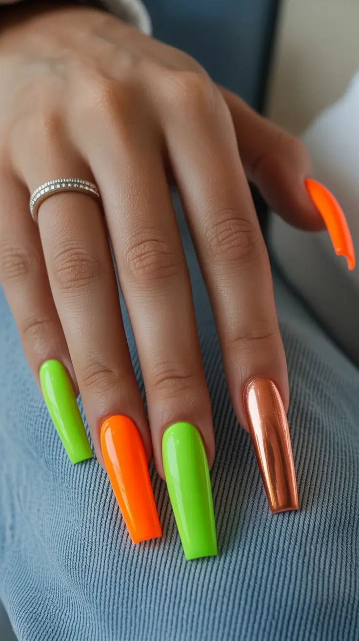 Spring Nails Acrylic 2026 Neon Green Orange Copper