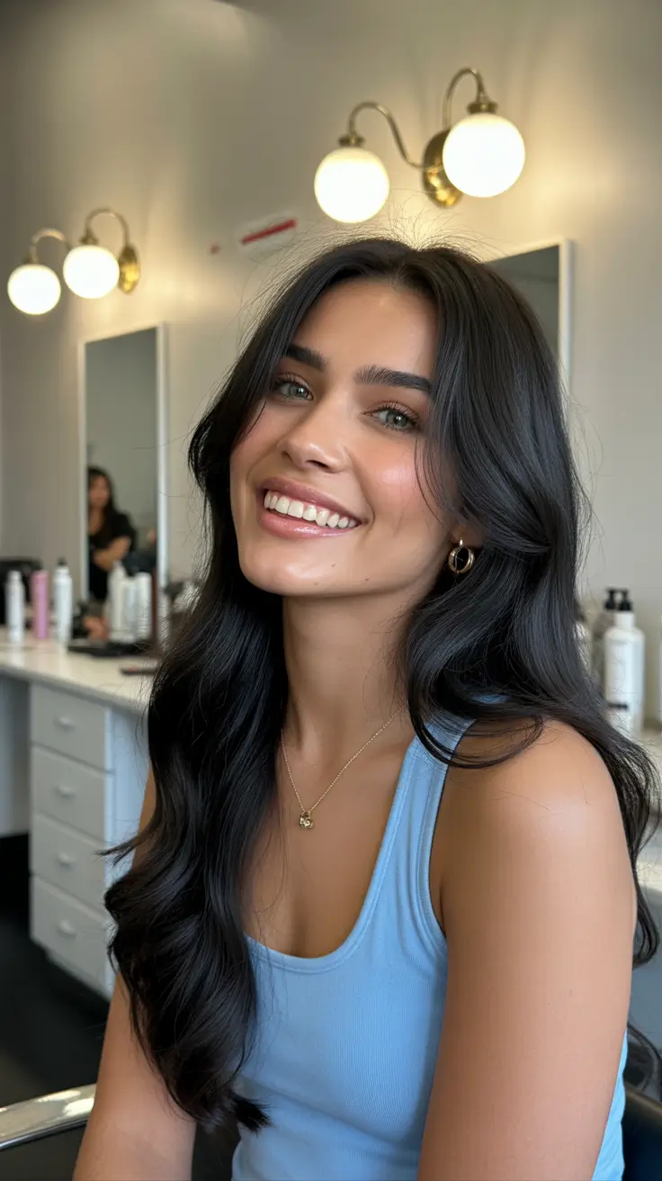 gorgeous spring brunette hair color 2026 Soft Glossy Waves in Warm Dark Brunette