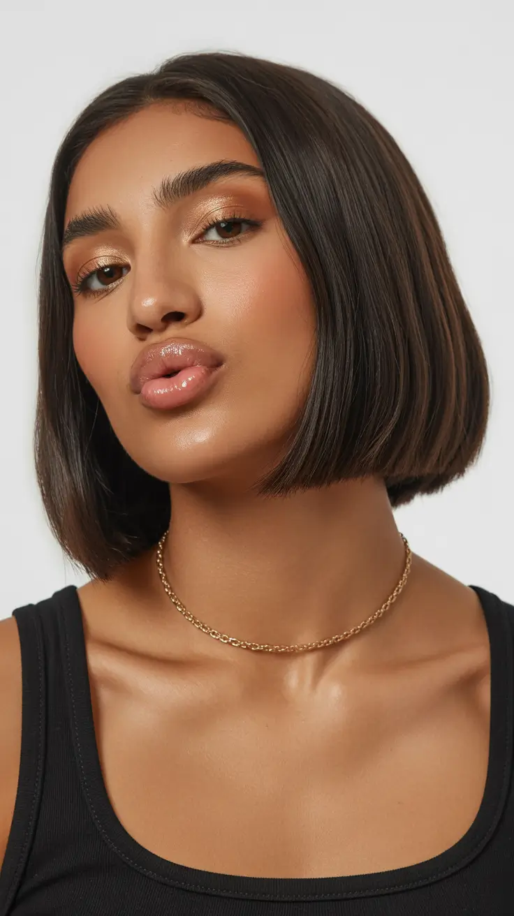 gorgeous spring brunette hair color 2026 Smooth Straight Brunette Bob With Minimalist Shine