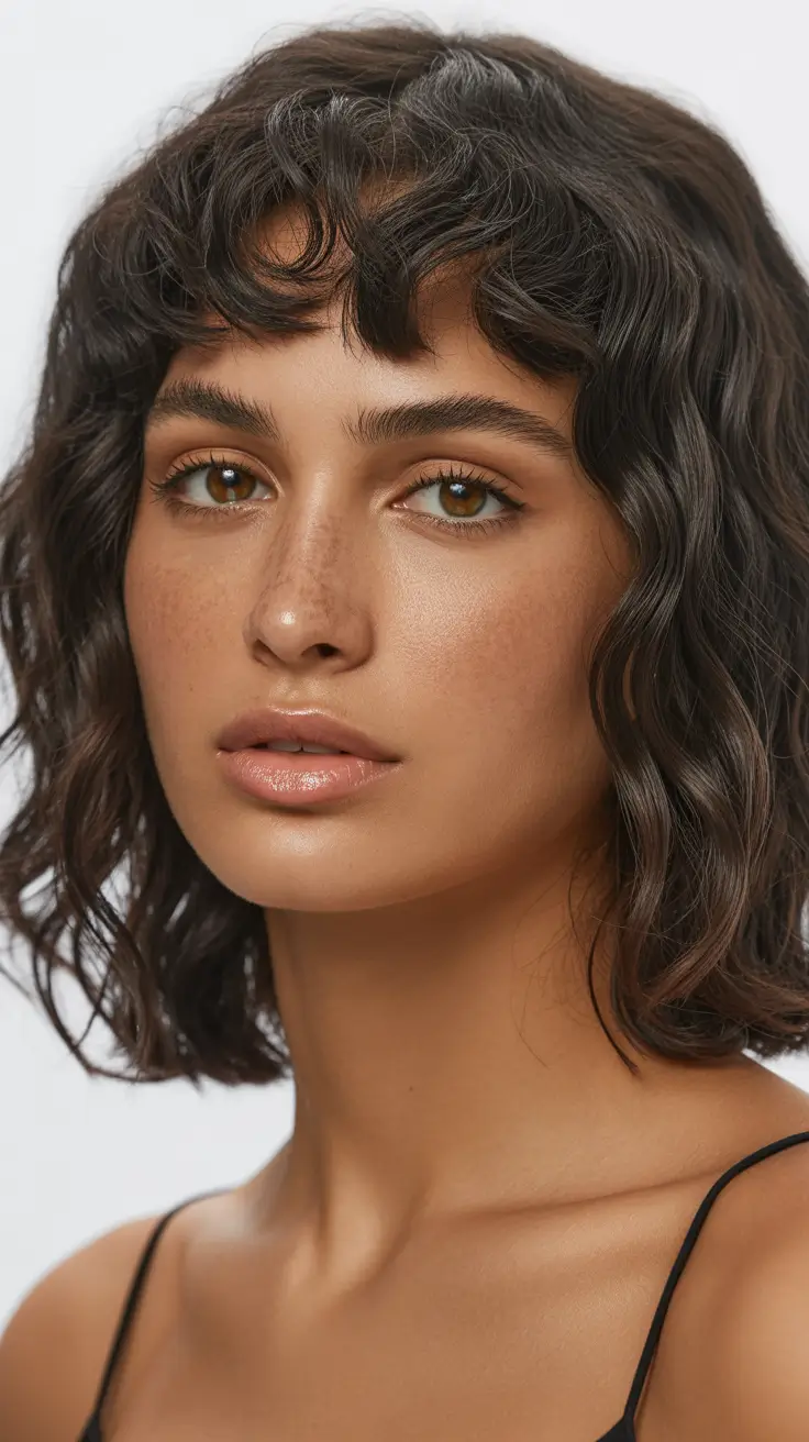 gorgeous spring brunette hair color 2026 Soft Wavy Brunette Bob With Light, Airy Fringe