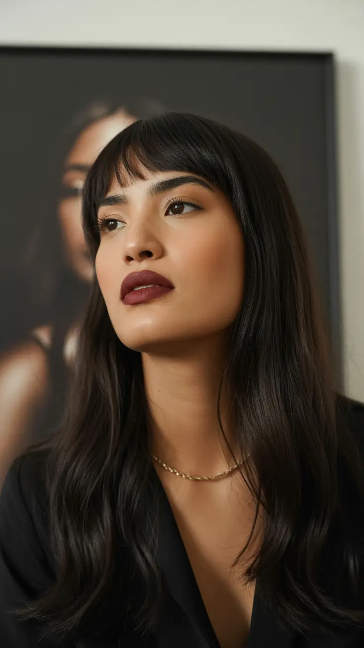 gorgeous spring brunette hair color 2026 Classic Dark Brunette With Refined Straight Bangs