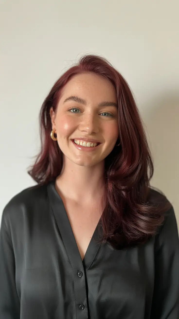 gorgeous spring brunette hair color 2026 Soft Plum-Toned Brunette With Satin Shine