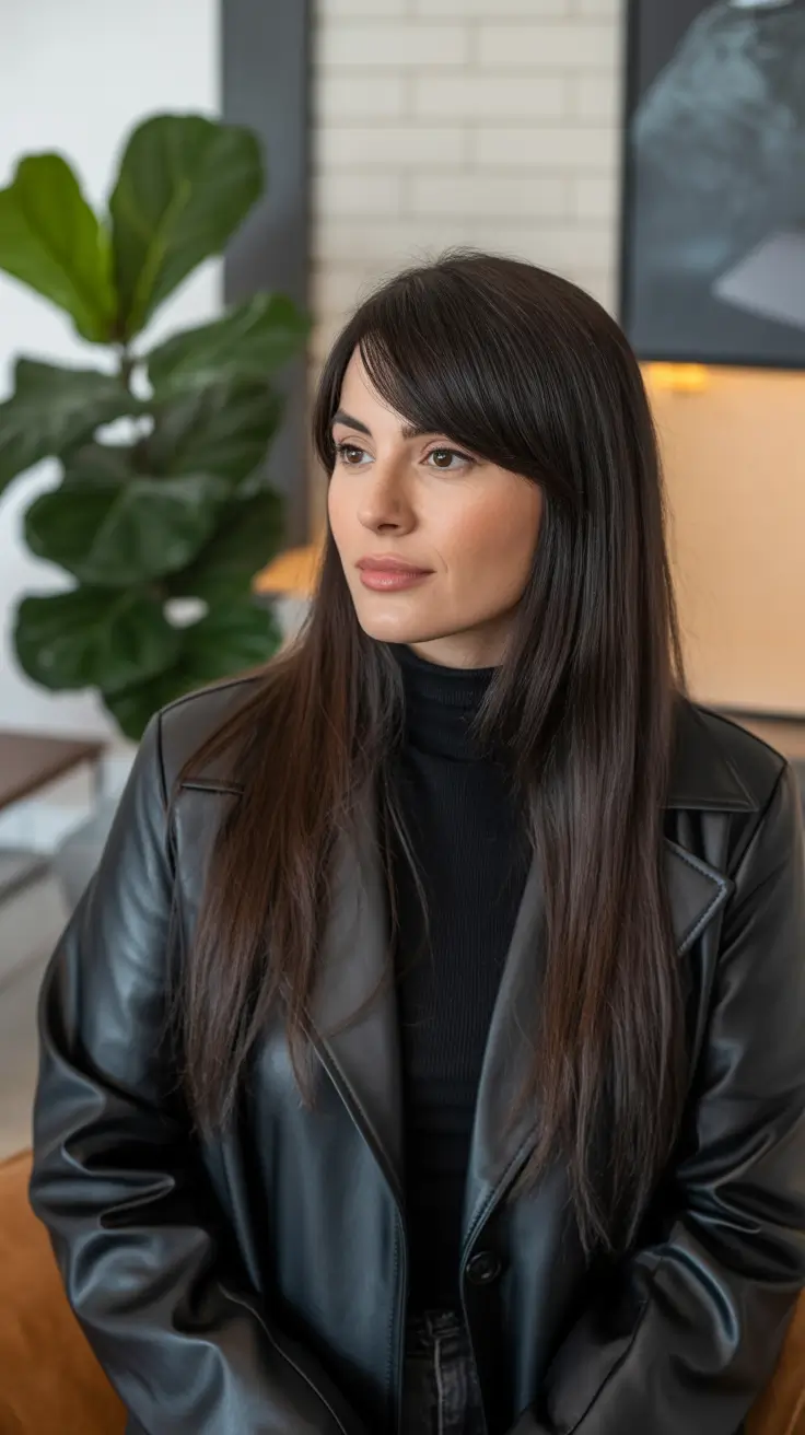 gorgeous spring brunette hair color 2026 Clean Straight Brunette With Blunt Spring Fringe