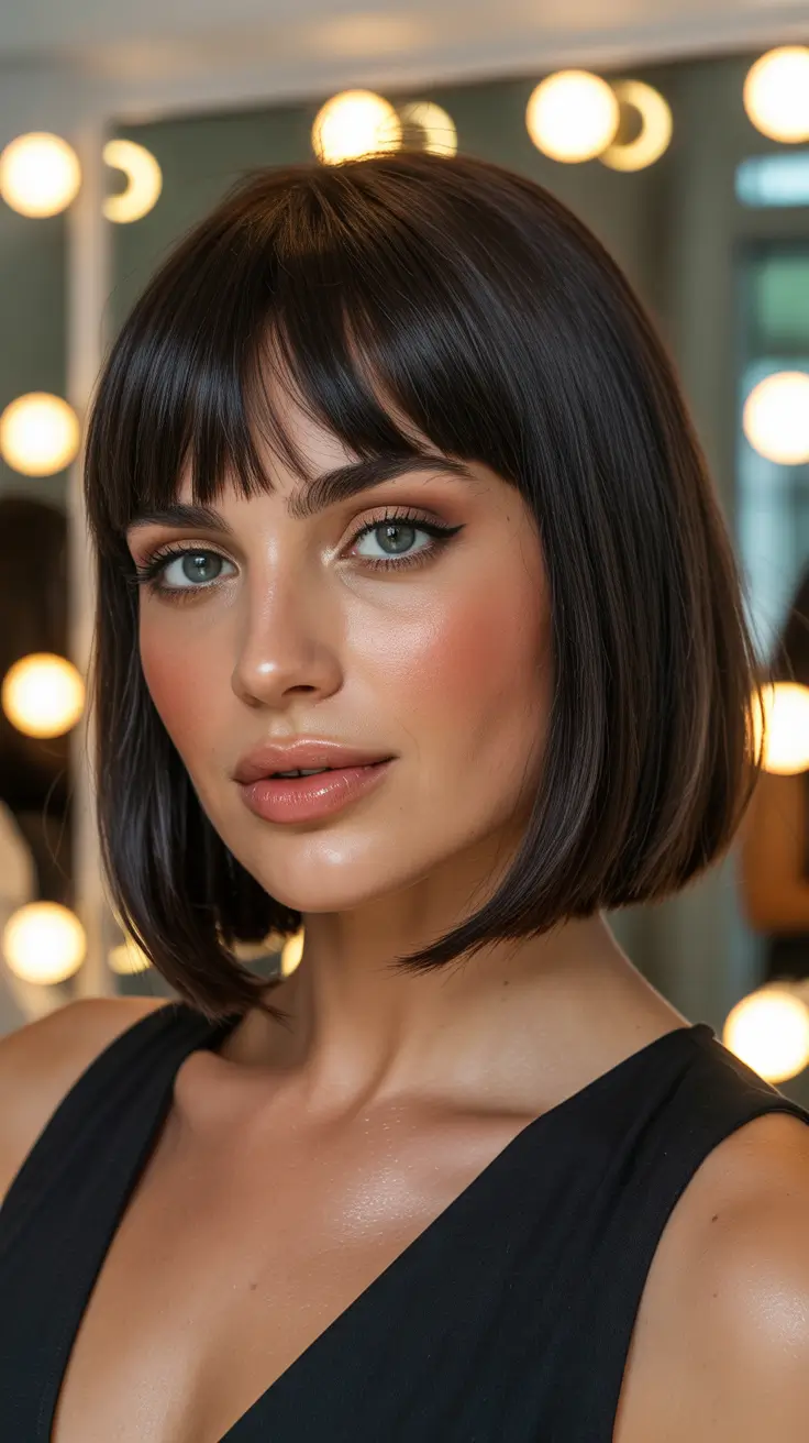 gorgeous spring brunette hair color 2026 Polished Brunette Bob With Sleek Fringe Definition