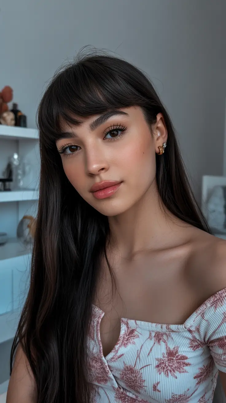 gorgeous spring brunette hair color 2026 Long Brunette Layers With Soft, Whisper-Light Bangs