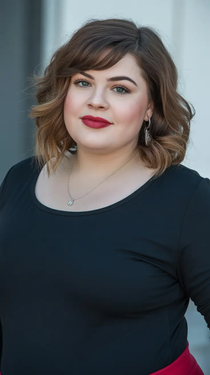 Gorgeous Spring Haircuts for Plus Size Women 2026 Warm Caramel Waves with Side-Swept Lift