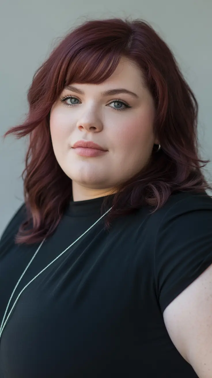 Gorgeous Spring Haircuts for Plus Size Women 2026 Rich Burgundy Waves with Soft Side Fringe