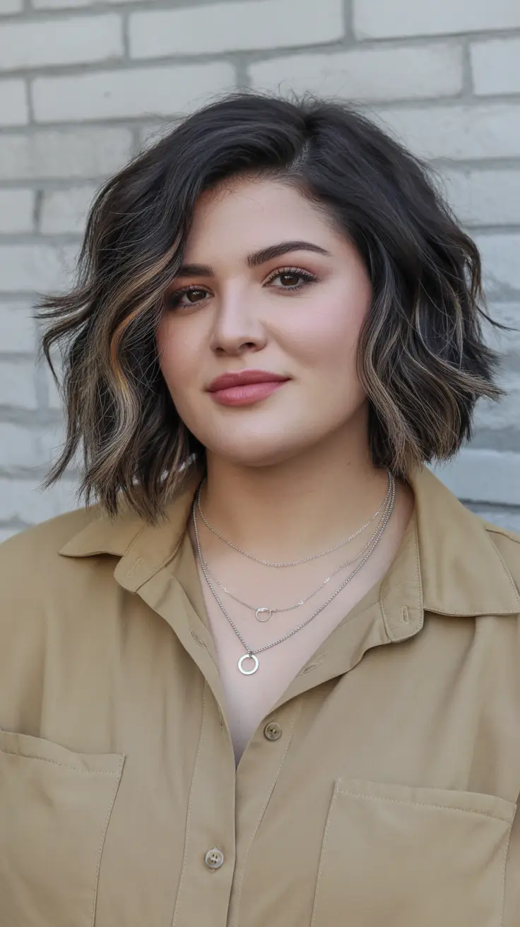 Gorgeous Spring Haircuts for Plus Size Women 2026 Textured Brunette Bob with Modern Highlights