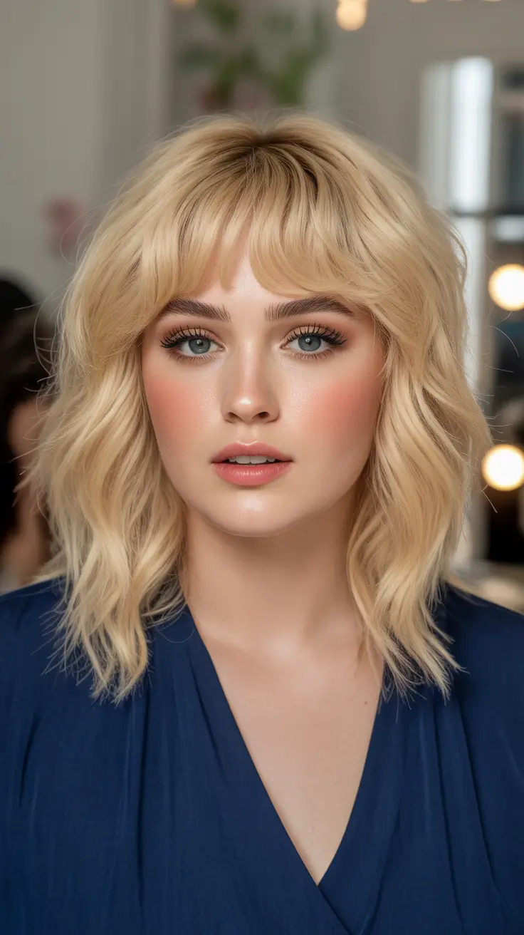 Gorgeous Spring Haircuts for Plus Size Women 2026 Feathered Blonde Waves with Soft Spring Fringe