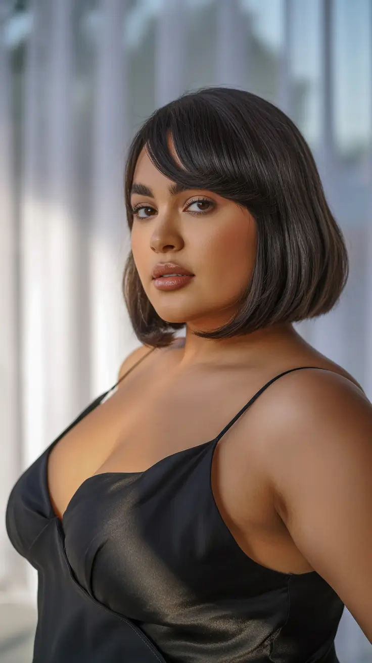 Gorgeous Spring Haircuts for Plus Size Women 2026 Sleek Rounded Bob with Soft Side Bangs