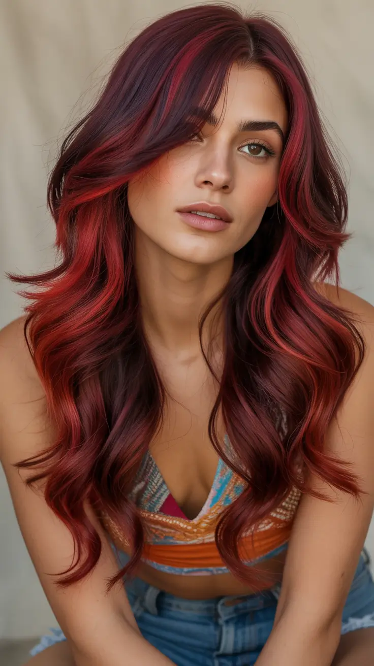 gorgeous spring long haircut looks 2026 Bold Cherry Red Layers With Lived-In Texture