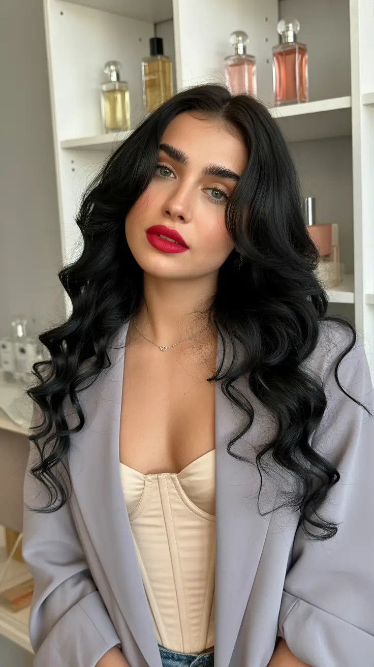 gorgeous spring long haircut looks 2026 Midnight Black Glam Waves With Statement Volume