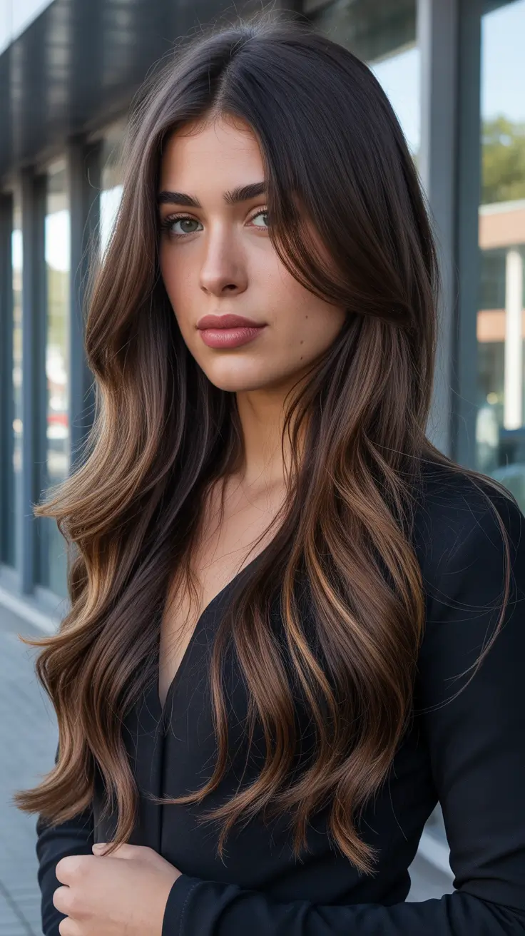 gorgeous spring long haircut looks 2026 Cool Brunette With Subtle Contour Balayage
