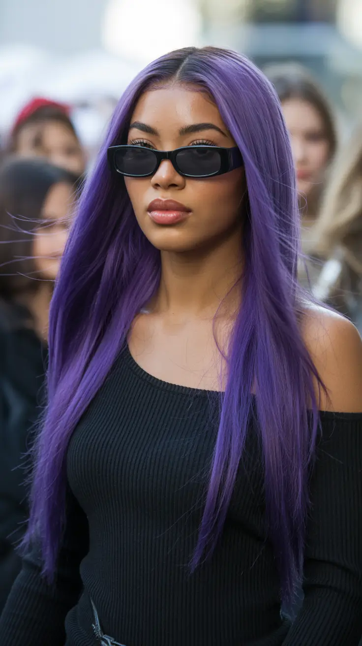 gorgeous spring long haircut looks 2026 Electric Violet Length With Sleek Statement Finish