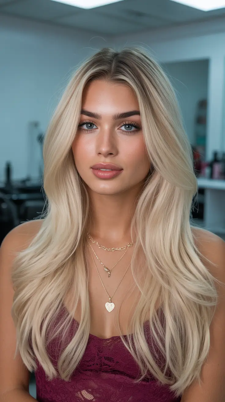 gorgeous spring long haircut looks 2026 Cool Champagne Blonde With Long Feathered Layers