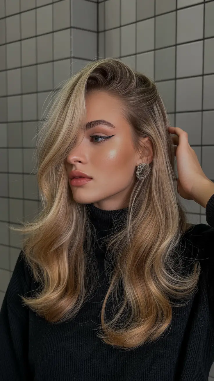 gorgeous spring long haircut looks 2026 Side-Swept Volume With Honey Bronde Dimension