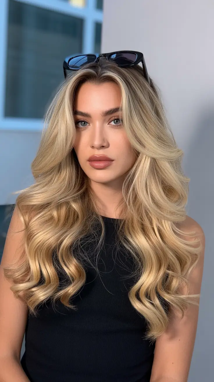 gorgeous spring long haircut looks 2026 Golden Glam Waves With Face-Framing Lift