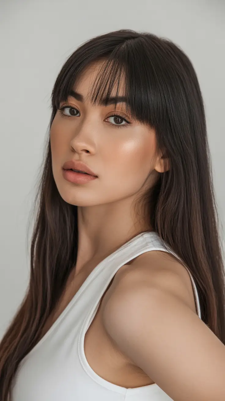 inspired spring brown hair color 2026 Soft Brunette with Wispy Fringe Revival