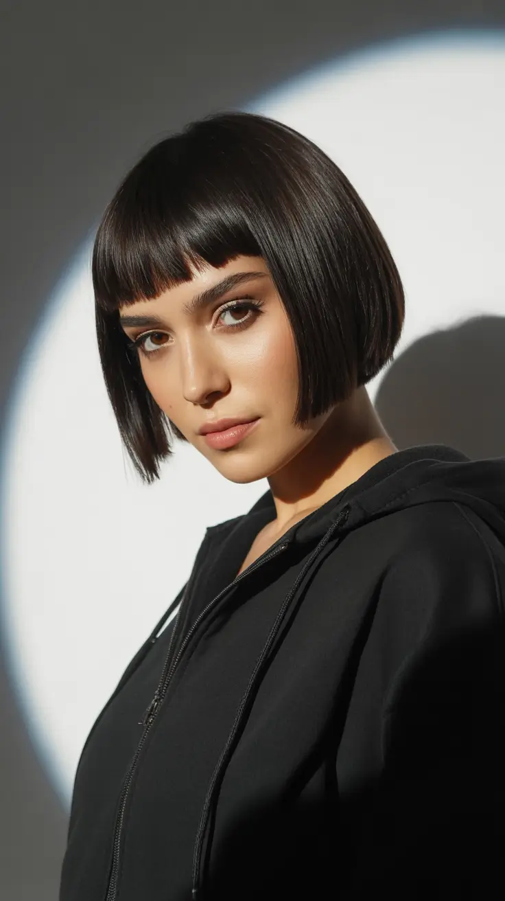inspired spring brown hair color 2026 Graphic Micro Bob with Statement Fringe