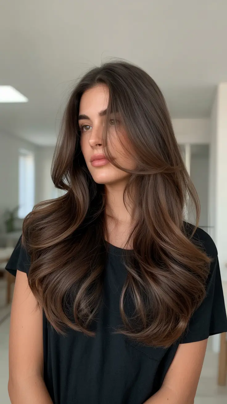 inspired spring brown hair color 2026 Velvet Chestnut Layers with Airy Volume