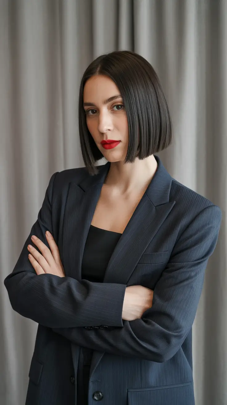 inspired spring brown hair color 2026 Sleek Executive Brunette Bob