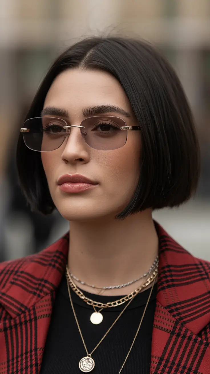 inspired spring brown hair color 2026 Polished Dark Brown Bob with Sharp Edges