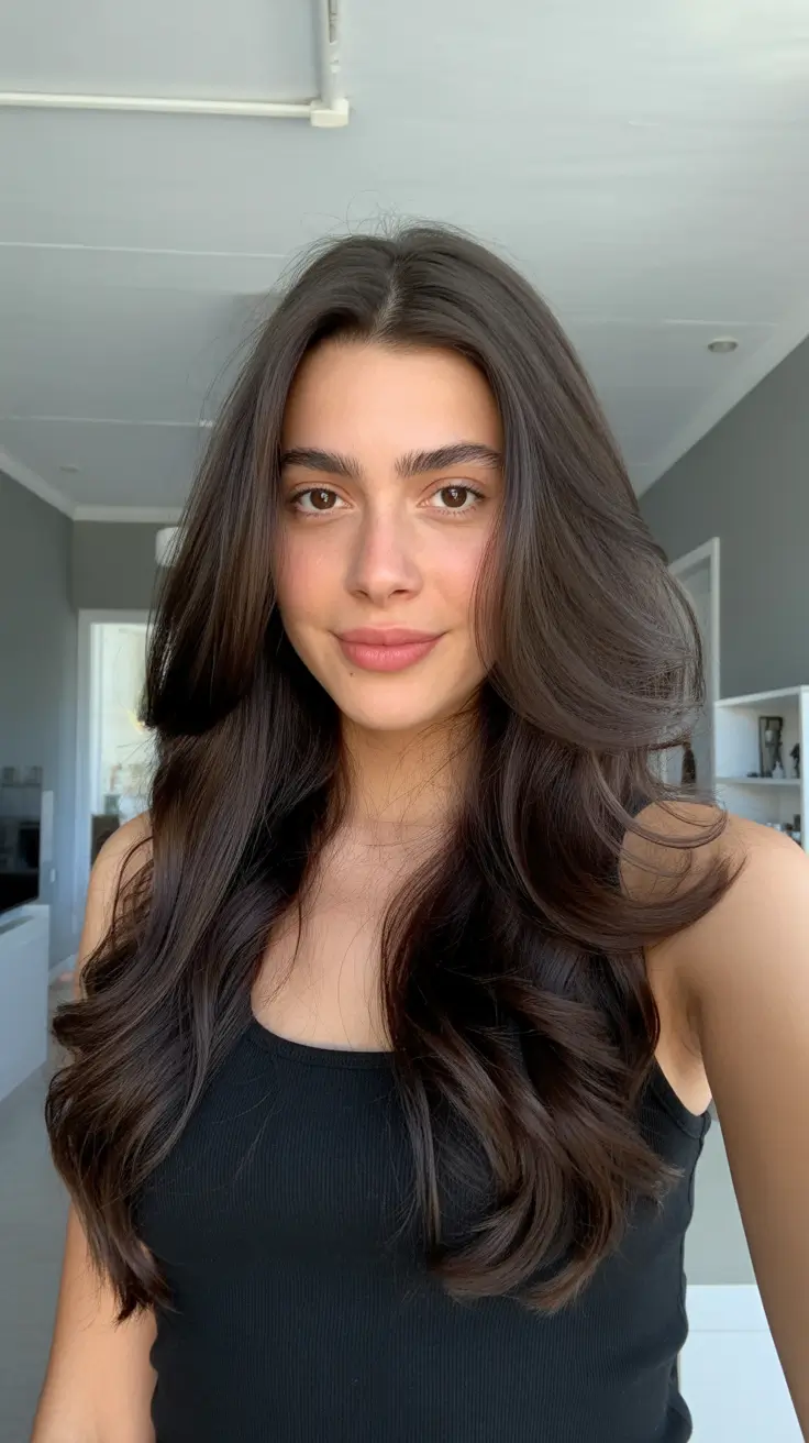 inspired spring brown hair color 2026 Soft Espresso Blowout with Natural Shine