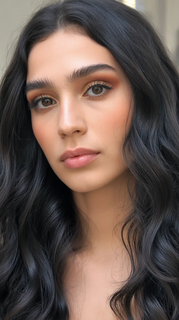 inspired spring brown hair color 2026 Soft Midnight Waves with Dimensional Depth