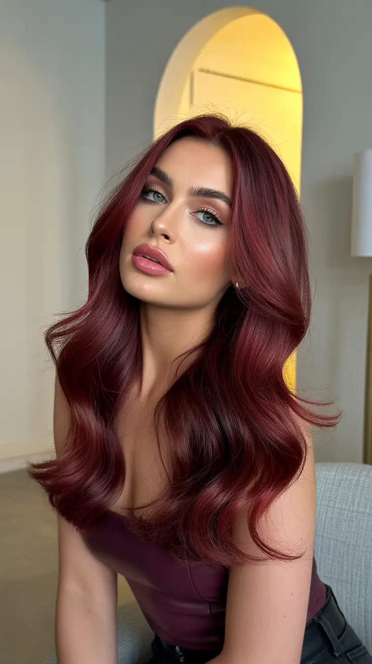 inspired spring brown hair color 2026 Radiant Auburn-Brown with Glossy Movement