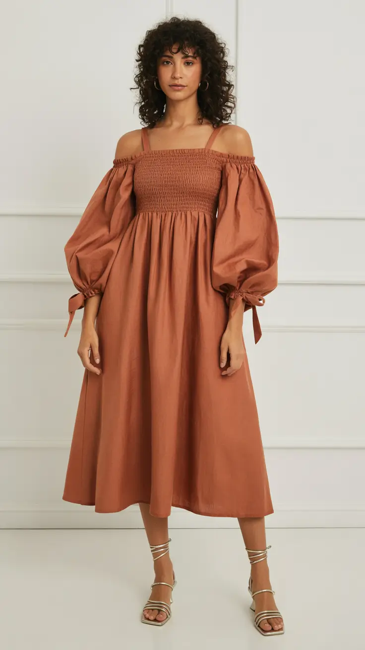 linen spring dress outfits 2026 Terracotta Linen With Off-Shoulder Ease and Sculpted Sleeves