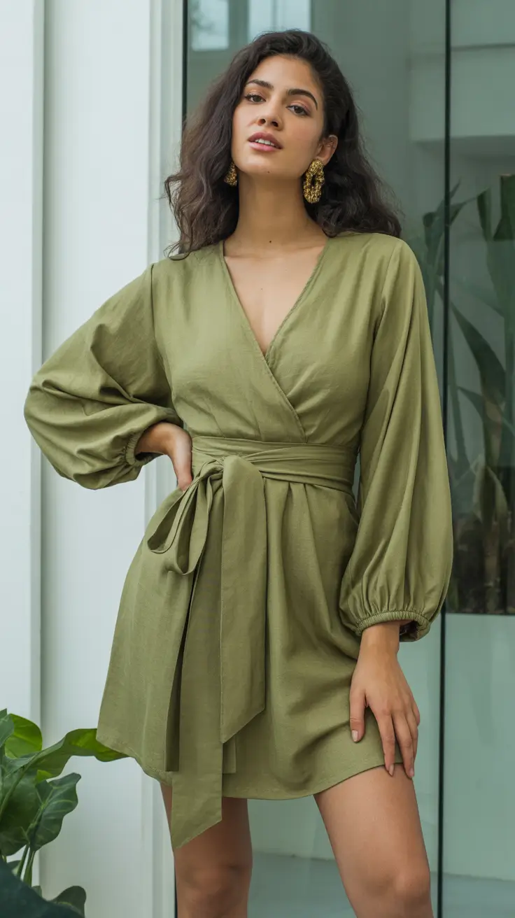 linen spring dress outfits 2026 Olive Wrap Linen With Sculpted Sleeves and Bold Earrings