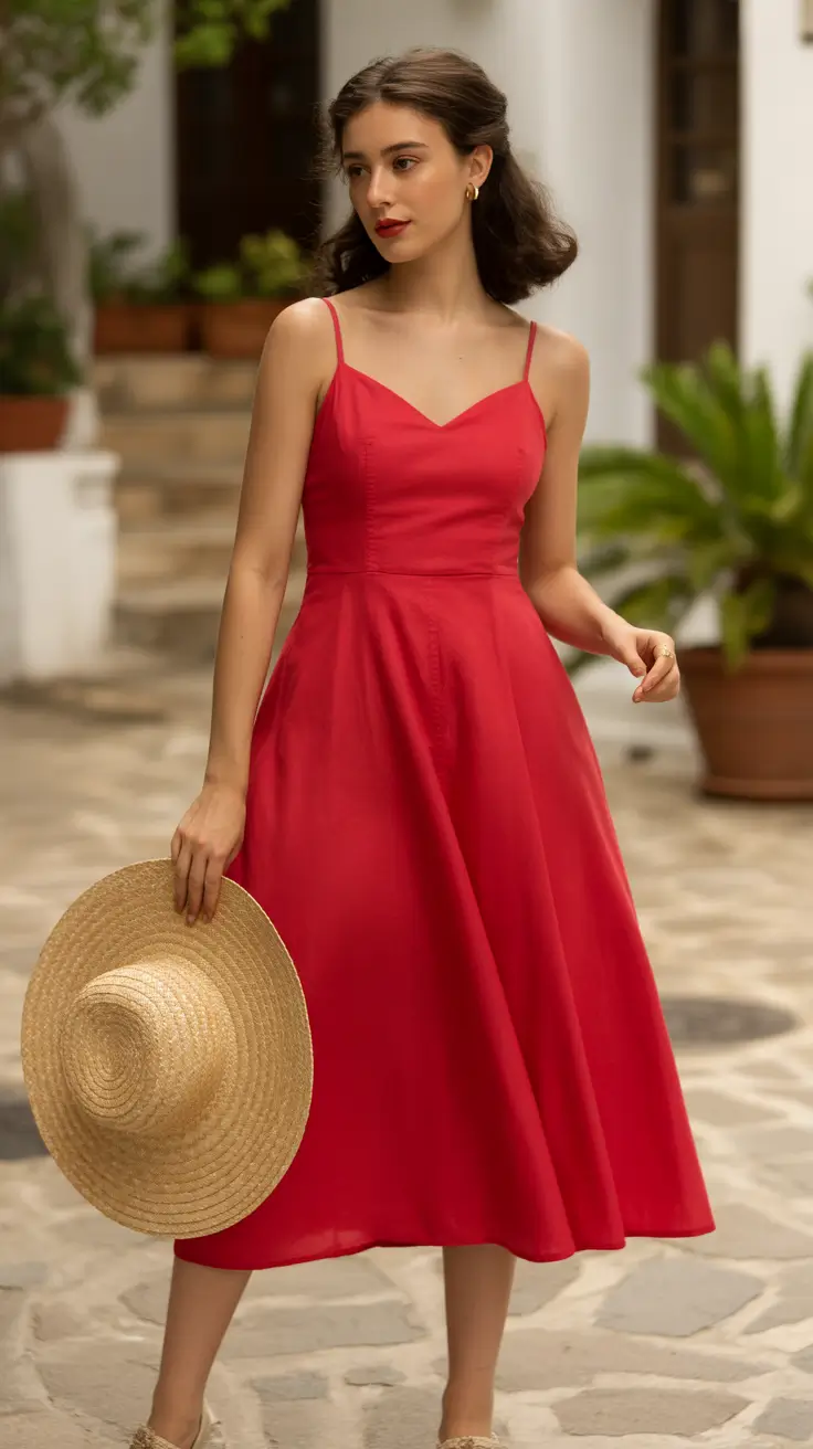 linen spring dress outfits 2026 Classic Red Simplicity With a Retro Touch