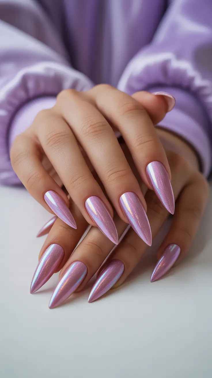March Nails 2026 Iridescent Lilac Stiletto Glow