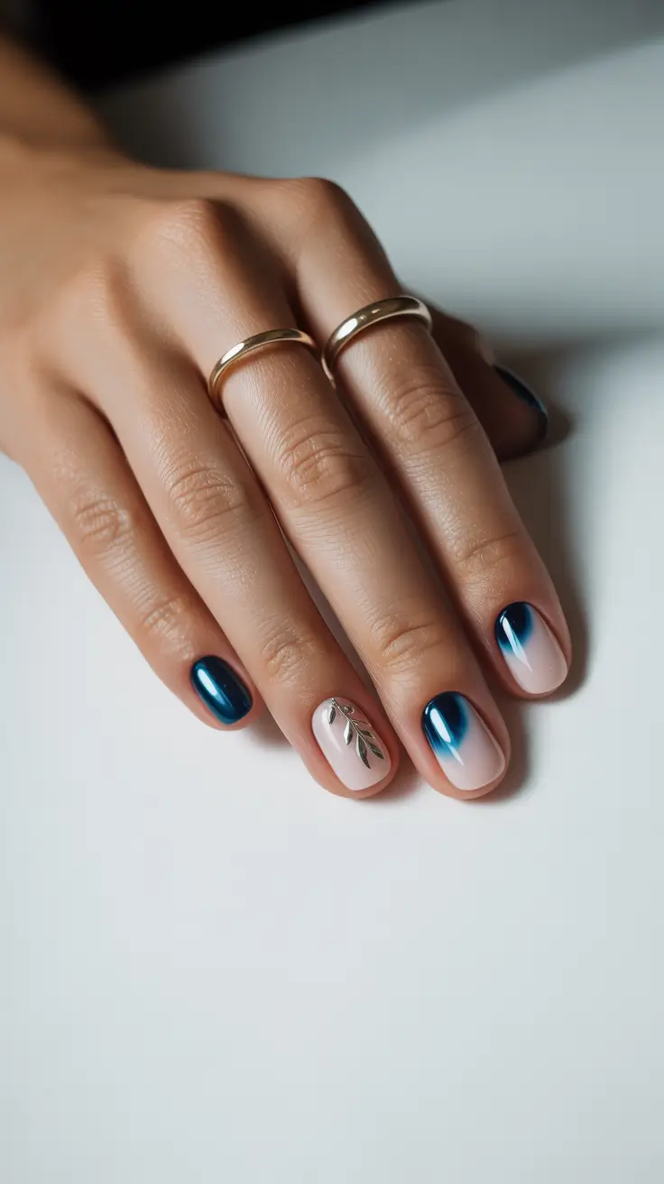 March Nails 2026 Soft Blue Glow & Leaf Accent