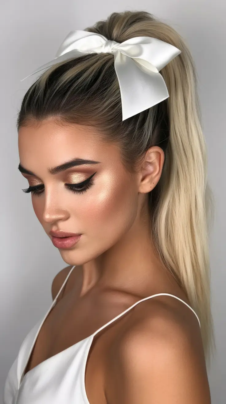 playful spring hairstyles 2026 High Ponytail With a Satin Bow Accent