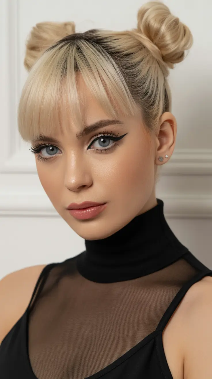 playful spring hairstyles 2026 Space Buns With Soft Straight Bangs