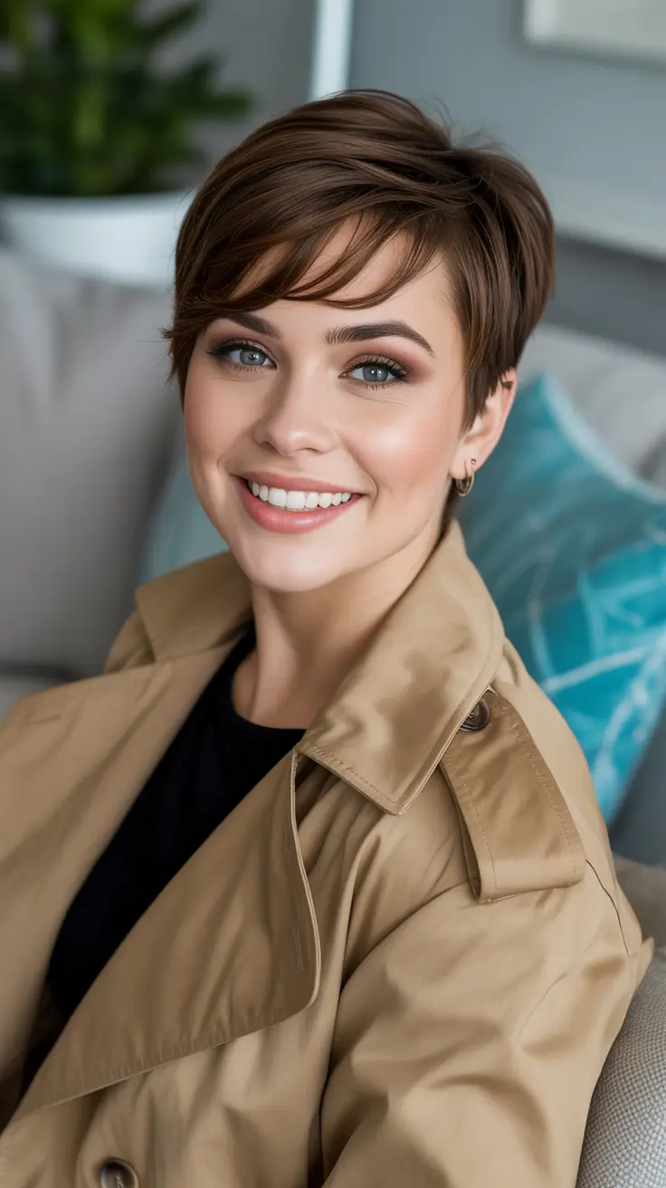 popular spring short haircut 2026 Soft Brunette Pixie With Side-Swept Movement