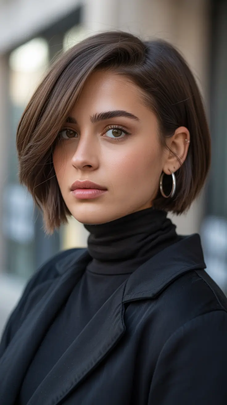 popular spring short haircut 2026 Side-Parted Espresso Precision Bob