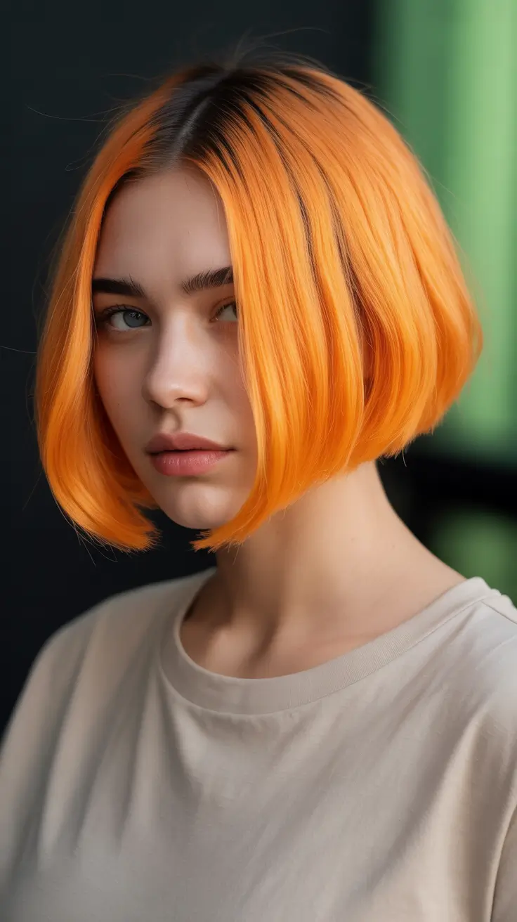 popular spring short haircut 2026 Neon Tangerine Blunt Statement Bob