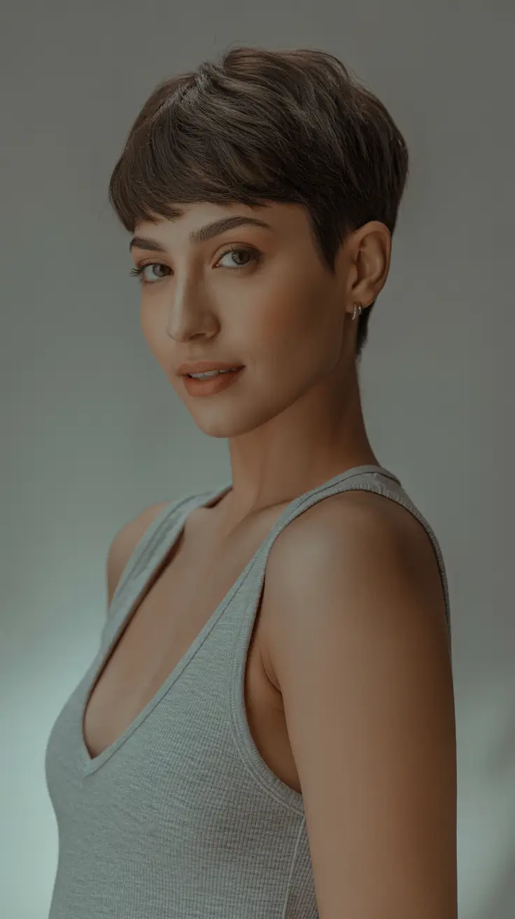popular spring short haircut 2026 Minimalist Brunette Pixie With Soft Micro Fringe
