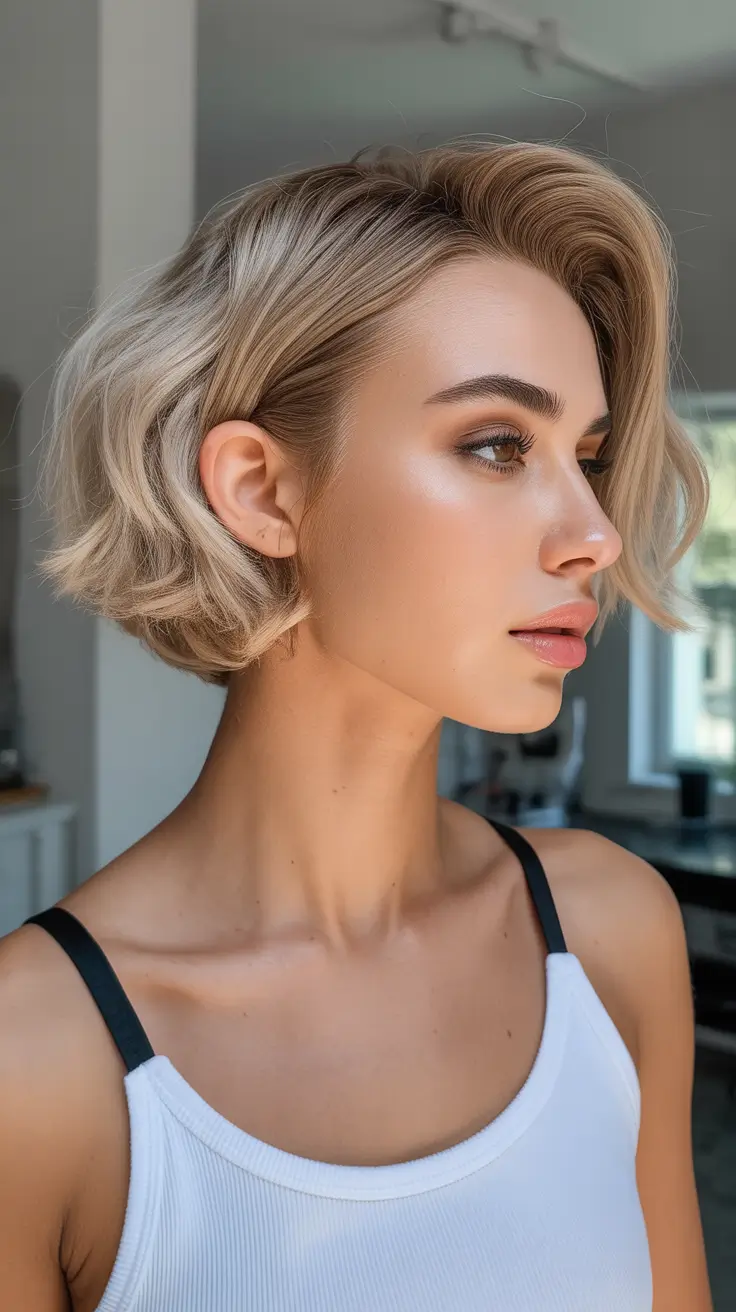popular spring short haircut 2026 Textured Champagne Blonde Wavy Bob