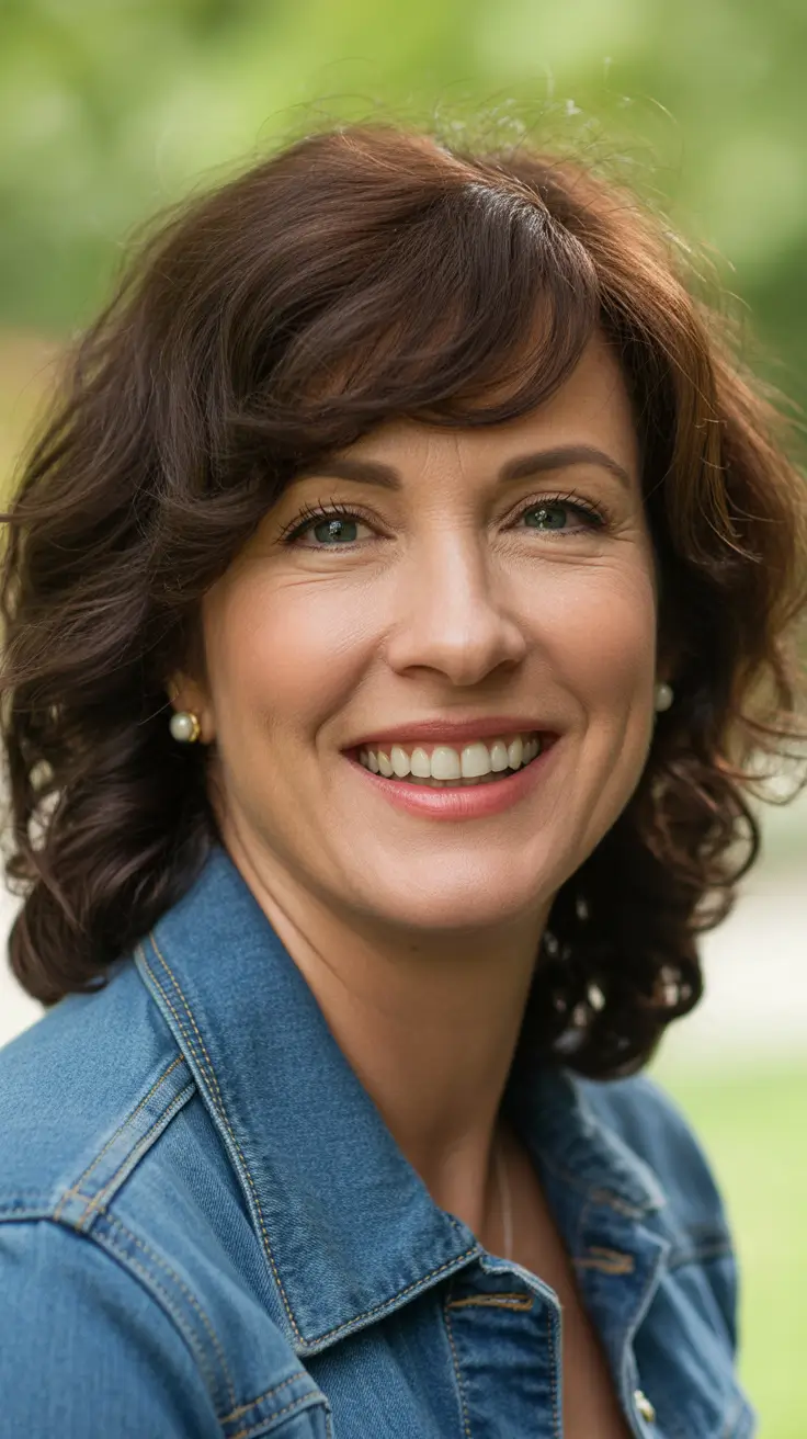 professional spring haircuts for women over 40 2026 Layered Short Curly Cut with Soft Fringe